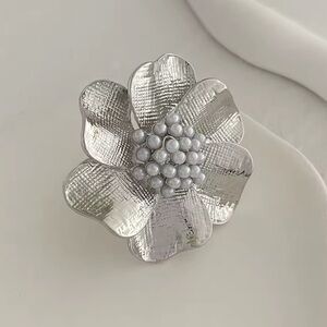 Anthropologie Flower Silver Pearl Adjustable Ring